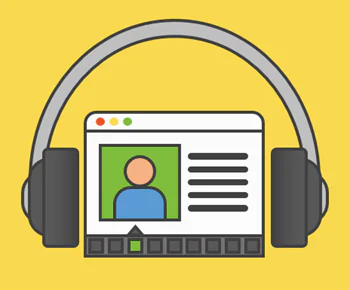 Icona di grandi cuffie che circondano una finestra web con avatar e testo, simbolo di audio gratuito nei corsi e-learning