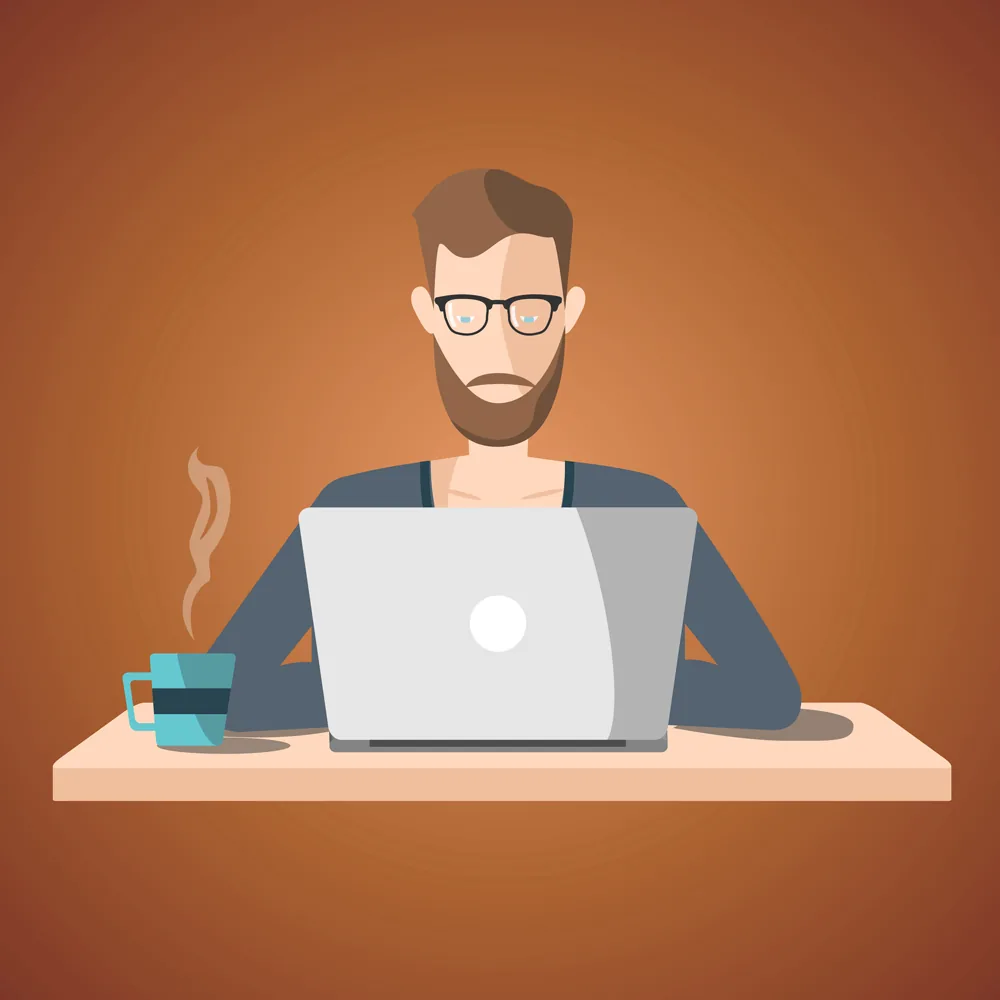 Persona stilizzata al computer con tazza di caffè, simbolo di lavoro su software video-based per e-learning