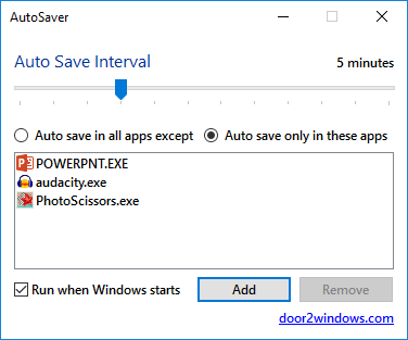 Finestra di AutoSaver che permette di impostare l’intervallo di salvataggio automatico per specifiche applicazioni su Windows