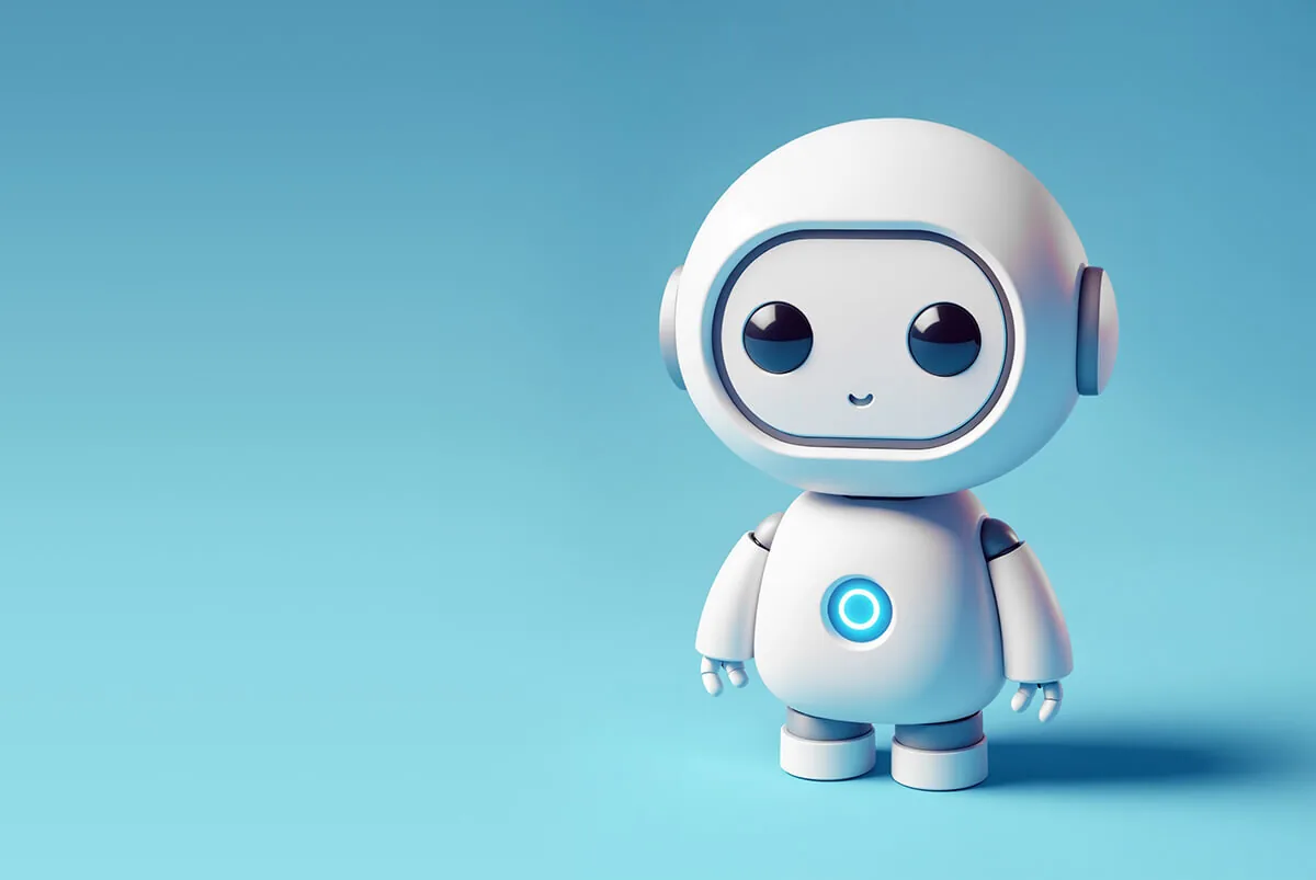 Avatar AI stilizzato con aspetto amichevole su sfondo azzurro, simbolo di tutor digitale nell’eLearning