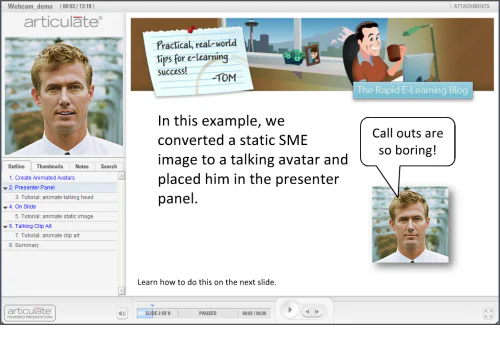 Schermata di un corso e-learning che mostra la trasformazione di una foto statica in avatar parlante con Articulate Presenter