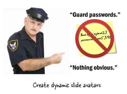 Un avatar di poliziotto indica un post-it barrato con password ovvie, esempio di avatar animato per e-learning