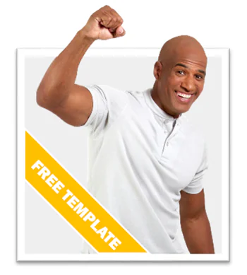 Avatar maschile sorridente in un riquadro bianco con etichetta gialla free template, esempio di modello eLearning