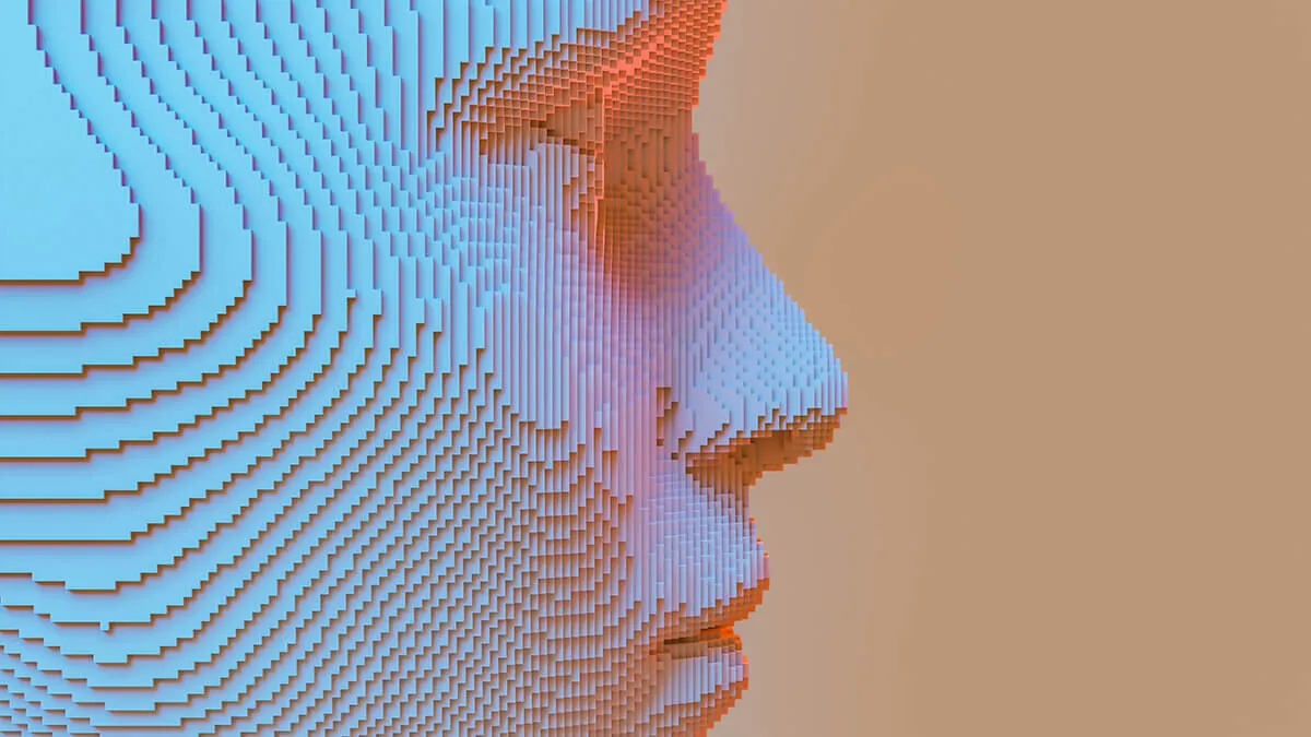 Profilo stilizzato di un volto umano digitale composto da livelli geometrici che rappresenta un avatar per l’eLearning