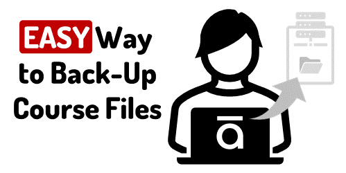 Persona stilizzata al computer con simbolo di backup e testo che suggerisce un metodo facile per salvare i file dei corsi