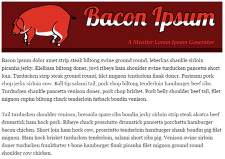 Generatore di testo segnaposto Bacon Ipsum con esempio di testo a tema carne per corsi eLearning