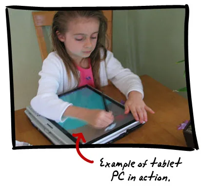Bambina che disegna con un pennino su tablet PC per creare grafica a mano libera in ambito e-learning