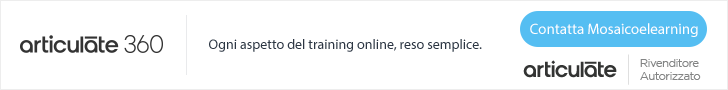 Banner promozionale Articulate 360 con invito a contattare Mosaicoelearning e slogan sulla semplicità del training online