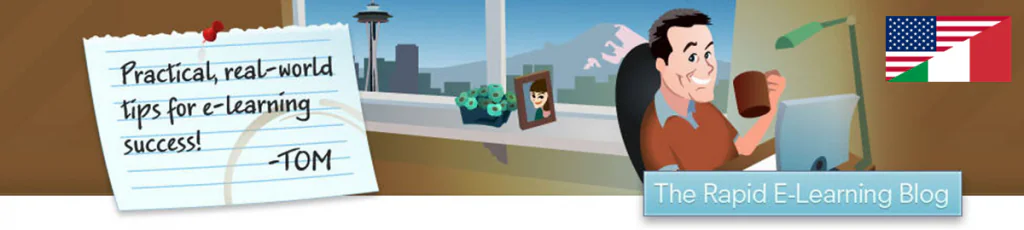 Illustrazione di un uomo alla scrivania con tazza, nota con consigli pratici per e-learning e bandiere USA e Italia