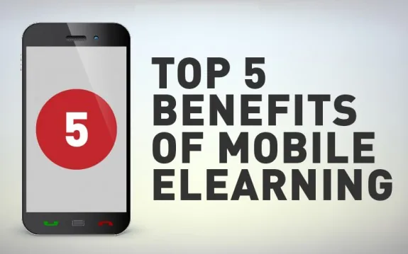 Smartphone con numero cinque su schermo accanto a testo che evidenzia i principali vantaggi del mobile eLearning
