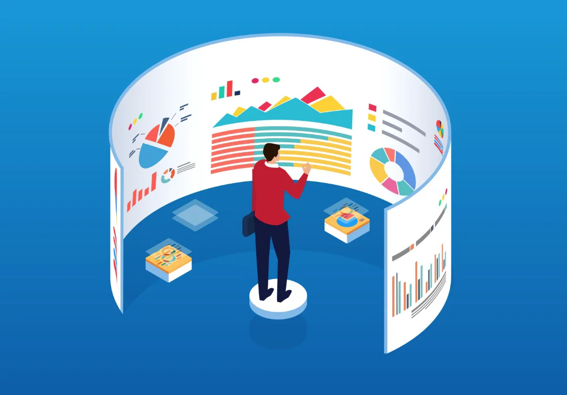 Persona osserva una dashboard digitale con grafici e report colorati per analisi dati e-learning