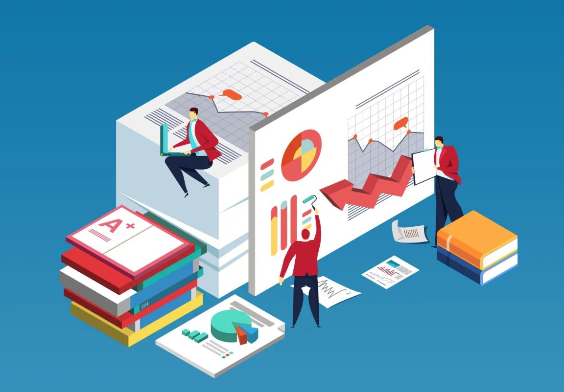 Tre persone analizzano grafici e report digitali su schermi e libri nel contesto e-learning