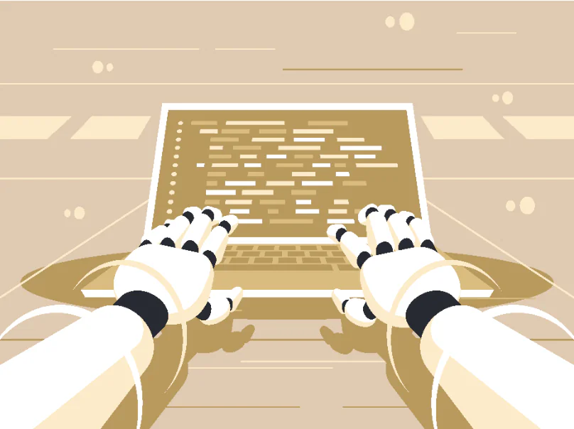 Mani robotiche digitano su una tastiera di laptop per rappresentare l’uso dell’IA generativa nello sviluppo di storyboard