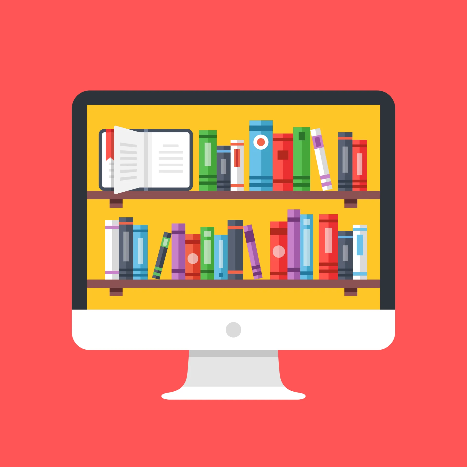 Monitor con scaffali pieni di libri colorati che simboleggiano la content curation digitale nei moderni LMS