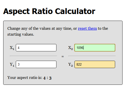 Calcolatore di aspect ratio con valori impostati su 4:3 e dimensioni 1096x822 per ottimizzare la finestra di screencast