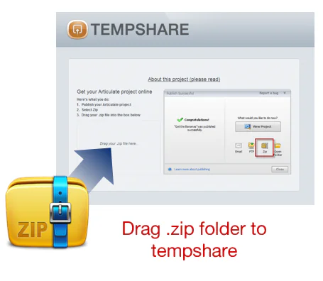 Interfaccia di Tempshare che mostra come trascinare un file zip di un corso Articulate per ottenere un link temporaneo