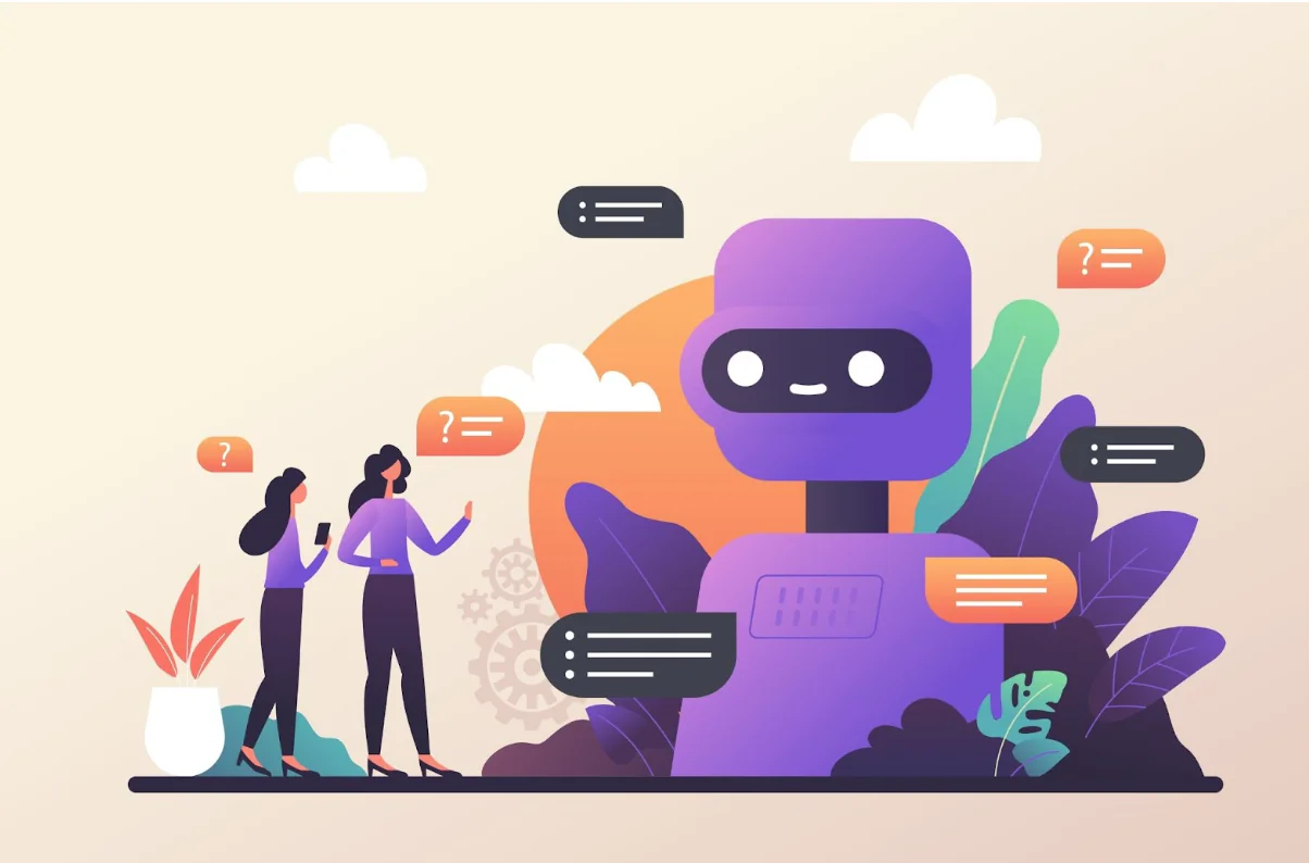 Due persone interagiscono con un grande chatbot illustrato che risponde a domande tramite fumetti colorati