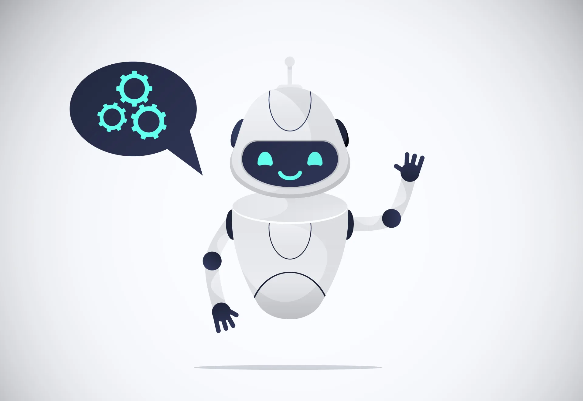 Robot stilizzato che saluta con una nuvoletta di dialogo e ingranaggi, simbolo di chatbot e automazione nell’eLearning