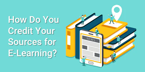 Illustrazione di libri, tablet e persone che rappresentano la citazione delle fonti nei corsi e-learning