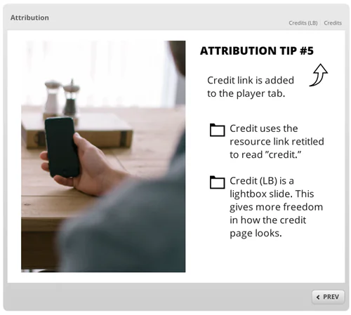 Schermata di un corso e-learning che mostra suggerimenti su come citare le fonti con link di attribuzione e slide lightbox