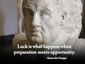 Busto di Seneca con citazione sulla fortuna come incontro tra preparazione e opportunità nell’e-learning