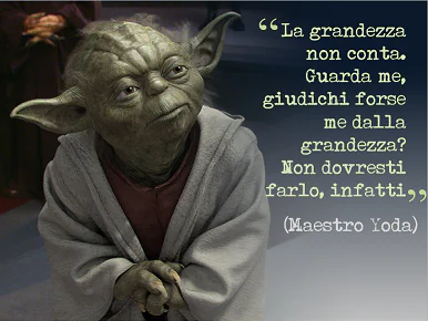Il Maestro Yoda di Star Wars con una citazione motivazionale sulla grandezza, collegata all’uso delle immagini nelle slide
