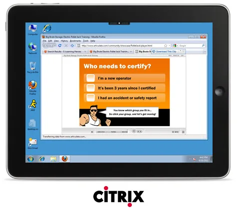 Tablet che mostra una sessione desktop Windows con contenuto e-learning Flash avviato tramite Citrix per mobile learning