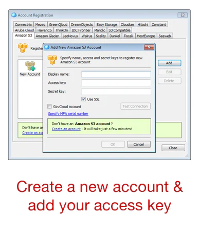 Finestra di Cloudberry per aggiungere un account Amazon S3 inserendo nome e chiavi di accesso per condividere corsi elearning
