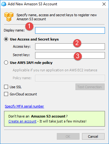 Finestra di configurazione di un nuovo account Amazon S3 in Cloudberry Explorer per caricare e condividere corsi eLearning