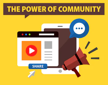 Grafica con dispositivi digitali, megafono e simboli che rappresentano la collaborazione nella community eLearning
