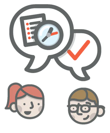 Due persone dialogano tramite fumetti con checklist, orologio e segno di spunta per rappresentare collaborazione e revisione