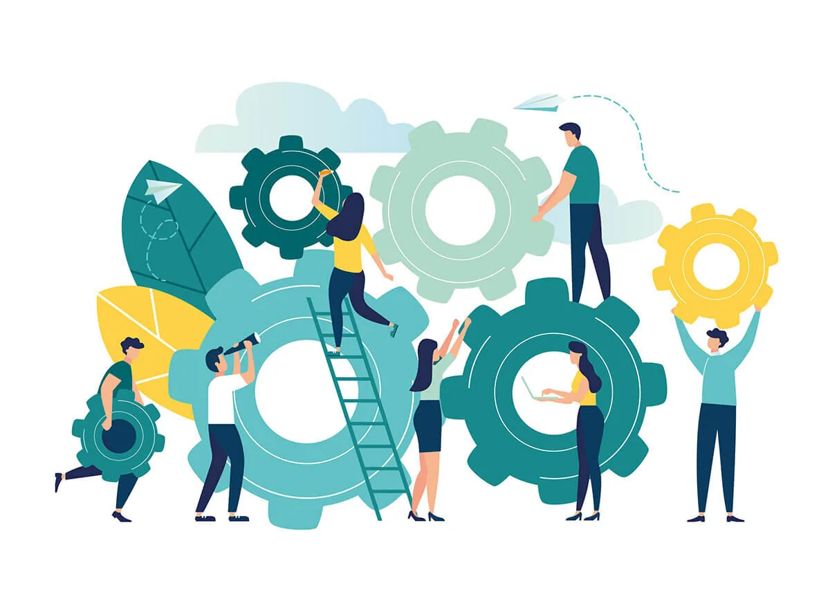 Persone che collaborano su grandi ingranaggi rappresentano l’interoperabilità tra sistemi e contenuti SCORM nei LMS