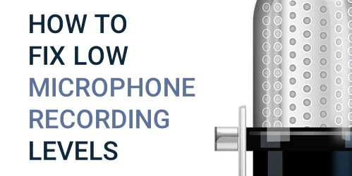 Illustrazione di un microfono e testo che spiega come risolvere livelli di registrazione audio bassi per e-learning