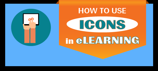 Banner con titolo su come usare le icone nell’e-learning e illustrazione di una mano che tocca un tablet