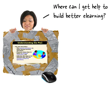 Donna tiene un cartone con corso eLearning fissato con nastro adesivo, domanda su come migliorare l’eLearning