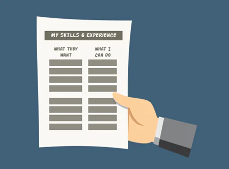 Una mano tiene un foglio con una tabella che confronta competenze richieste e competenze possedute nel portfolio e-learning