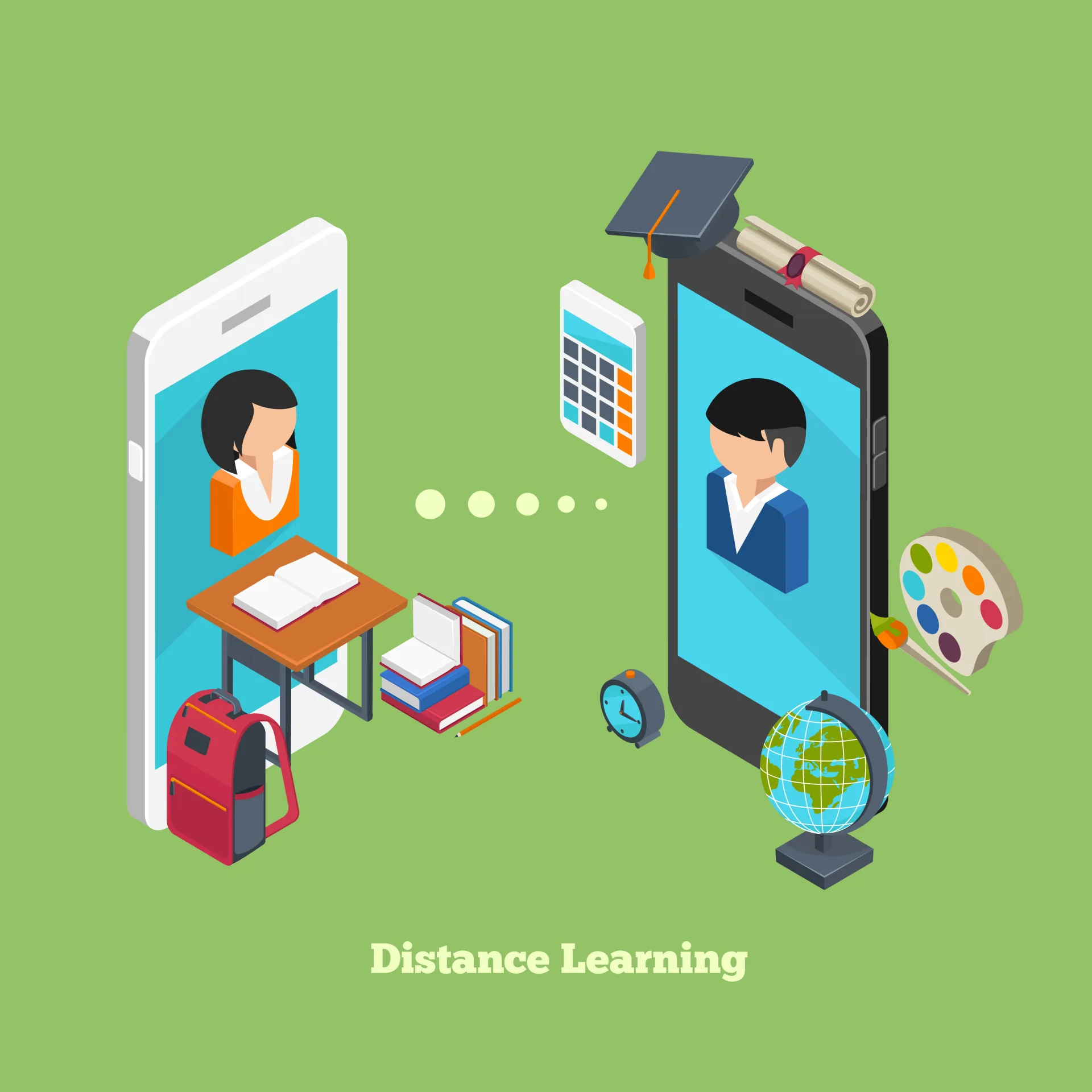 Due persone stilizzate interagiscono tramite smartphone circondate da oggetti scolastici, simbolo di apprendimento online