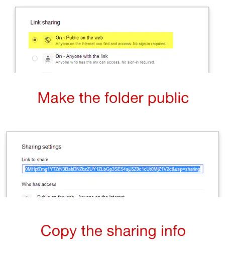 Impostazioni di Google Drive che mostrano come rendere pubblica una cartella e copiare il link di condivisione