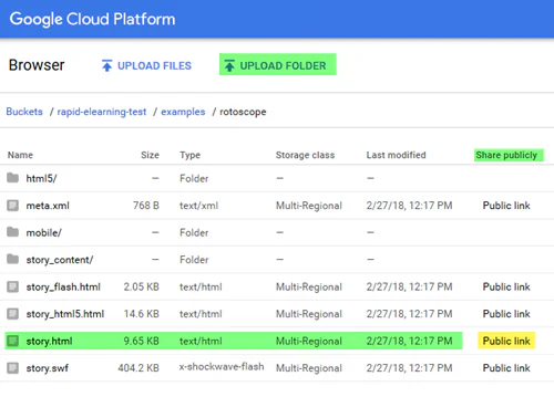 Interfaccia di Google Cloud Platform che mostra file e cartelle di un corso eLearning con opzioni di link pubblico