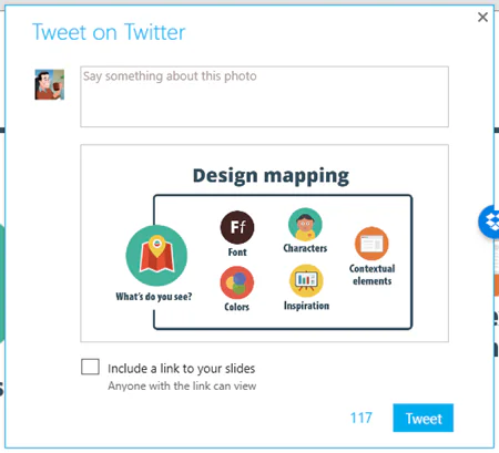 Finestra per condividere una diapositiva PowerPoint su Twitter tramite Social Share con anteprima della slide