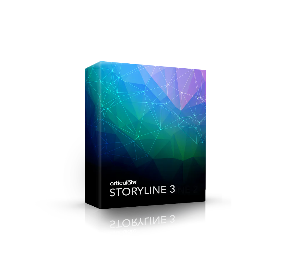 Confezione di Articulate Storyline 3 con grafica astratta colorata, simbolo del lancio della nuova versione