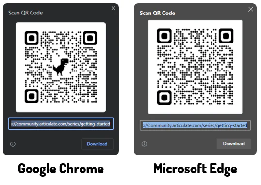Confronto tra QR code generati da Google Chrome con logo dinosauro e Microsoft Edge senza logo per link Articulate