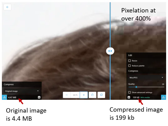 Confronto tra foto originale e compressa con Squoosh.app per valutare qualità e dimensione