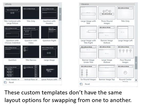 Due pannelli di selezione layout mostrano diversi modelli di diapositive per corsi eLearning in Articulate Storyline