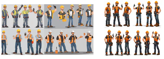 Due gruppi di personaggi illustrati generati da IA diverse mostrano differenze di stile e coerenza
