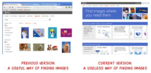 Confronto tra vecchia e nuova interfaccia di ricerca immagini e clip art su Microsoft Office