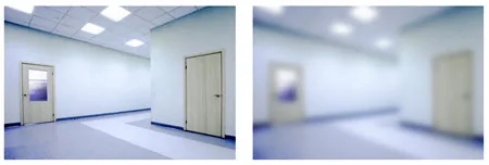 Due versioni della stessa foto di un corridoio, una nitida e una sfocata per mostrare l’effetto di editing