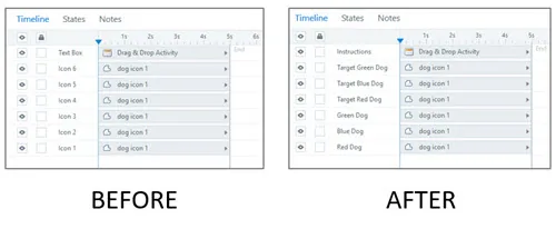 Due timeline di Articulate Storyline a confronto, una con titoli generici e una con titoli descrittivi per oggetti e livelli