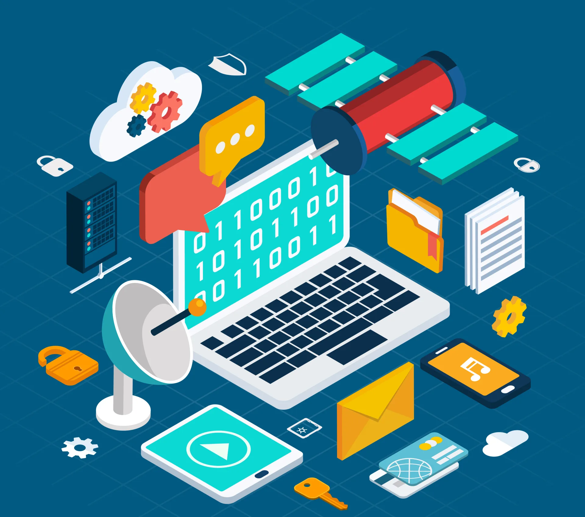 Laptop circondato da icone digitali come satellite, cartelle, cloud e smartphone per rappresentare la connessione eLearning