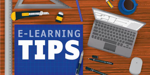 Scrivania con laptop, strumenti da disegno e cartello E-learning Tips per suggerimenti pratici su Articulate